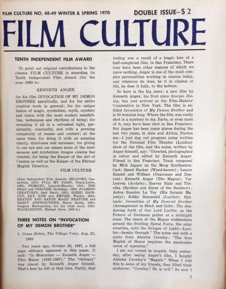 FILM CULTURE magazine side cover Issue 48/49 Winter/Spring 1970