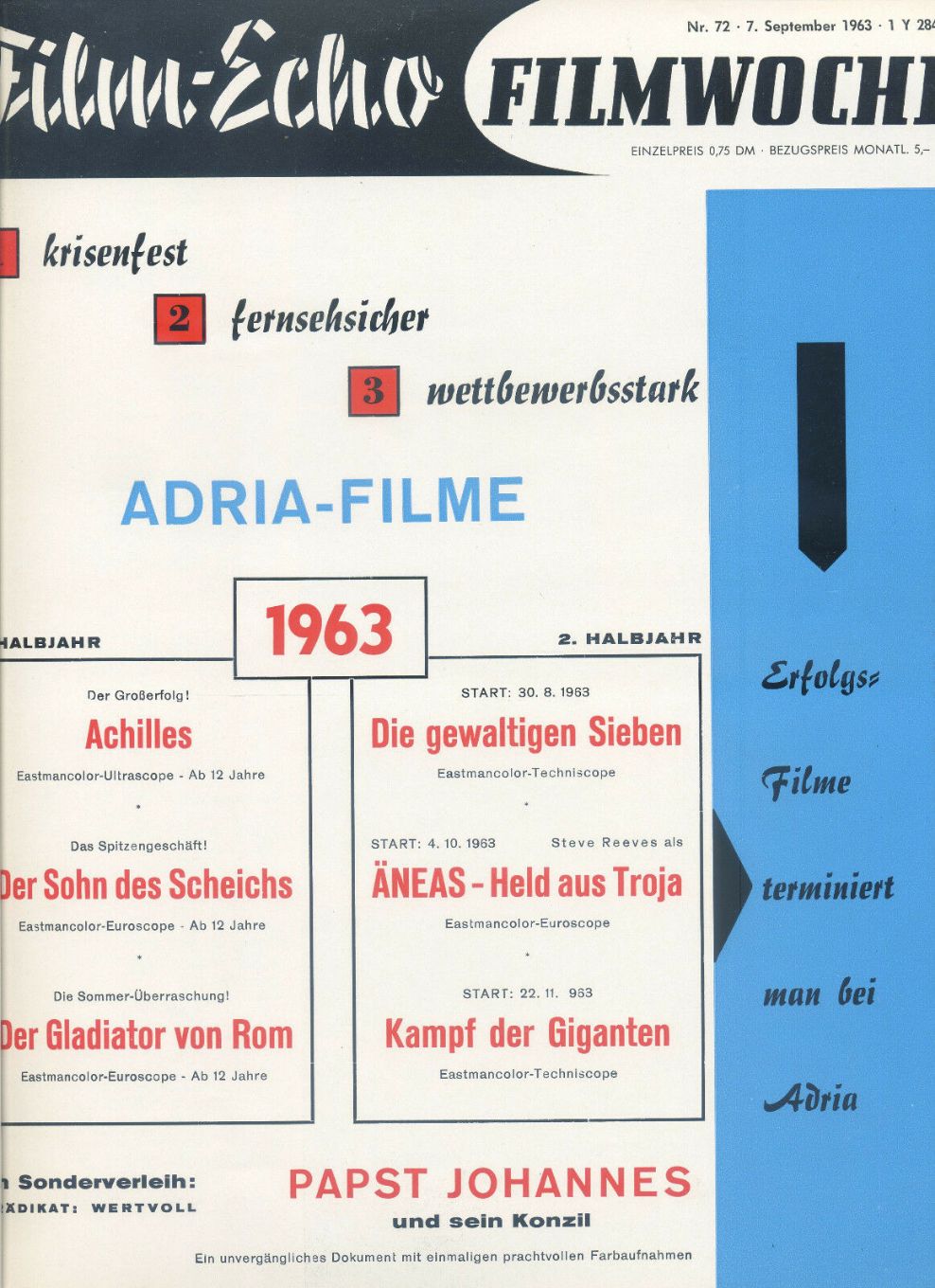 FILM-ECHO FILMWOCHE magazine side cover Issue 72 7 September 1963
