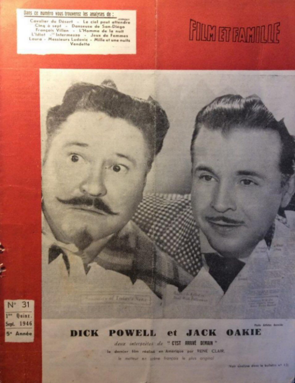 FILM ET FAMILLE magazine side cover Issue 31  September 1946