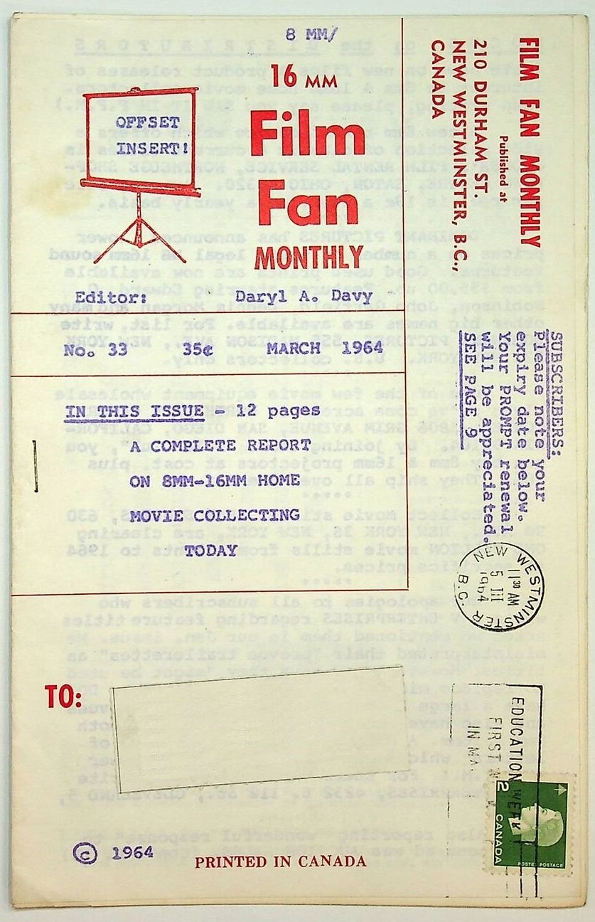 FILM FAN MONTHLY magazine side cover Issue 33  March 1964
