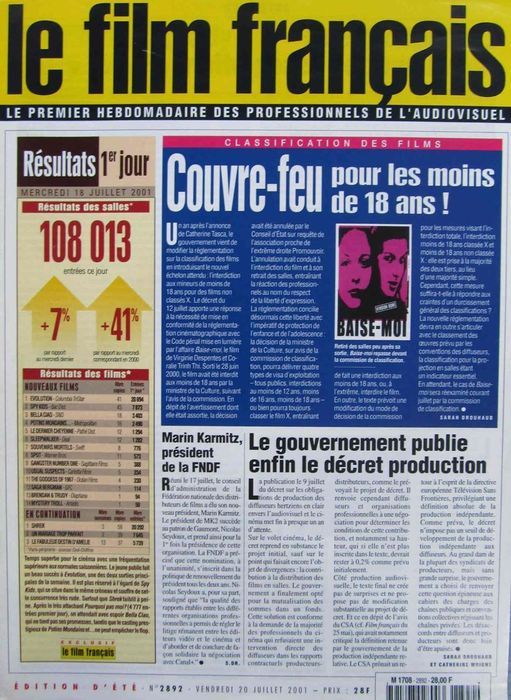 FILM FRANCAIS | LE magazine side cover Issue 2892 20 July 2001