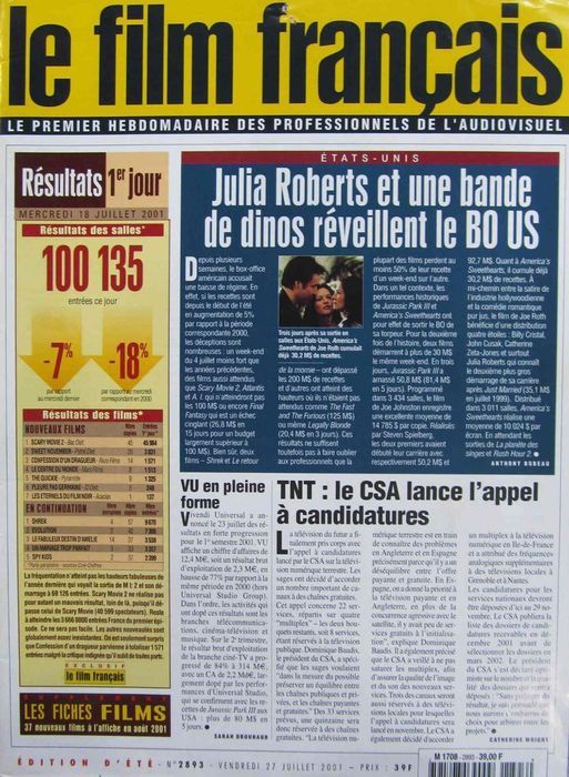 FILM FRANCAIS | LE magazine side cover Issue 2893 27 July 2001