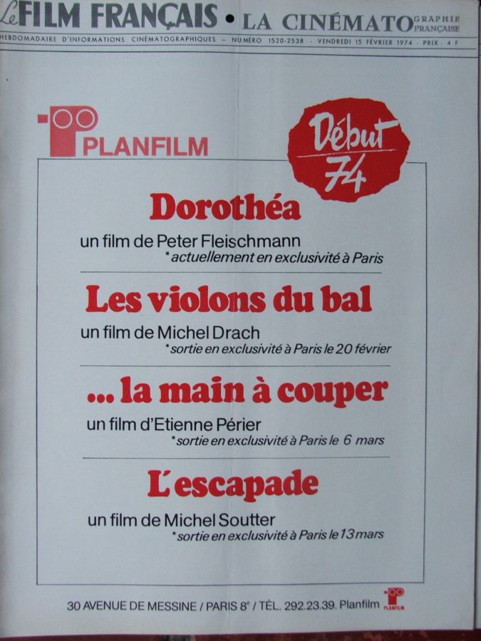 FILM FRANCAIS | LE magazine side cover Issue 1520 15 February 1974