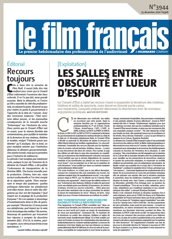 FILM FRANCAIS | LE magazine side cover Issue 3944 25 December 2020