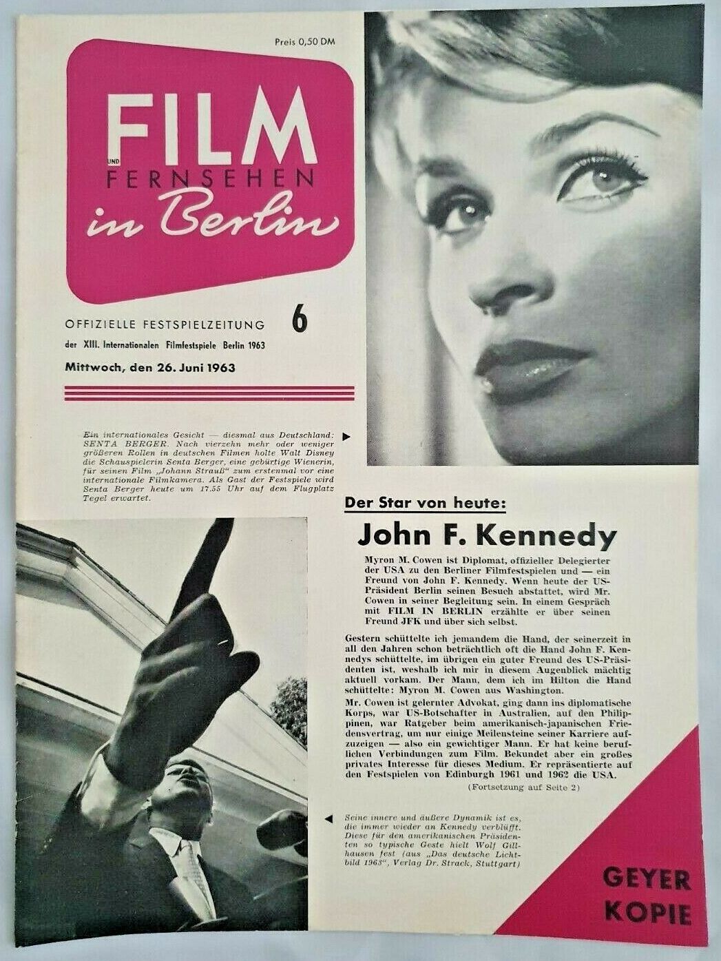 FILM IN BERLIN magazine side cover Issue 6 26 June 1963