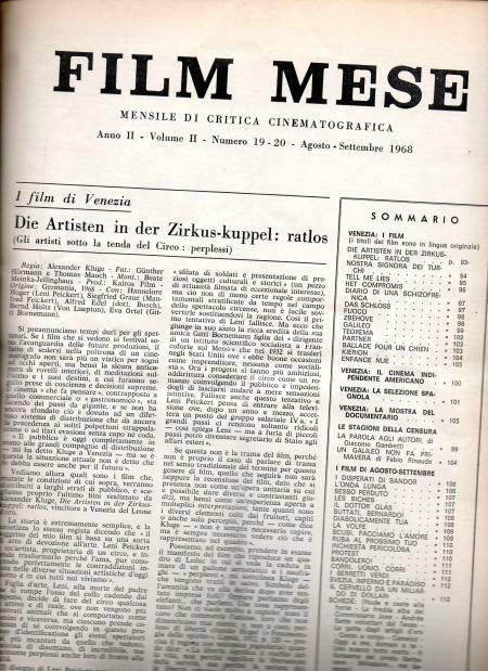FILM MESE magazine side cover Issue 19/20 August/September 1968