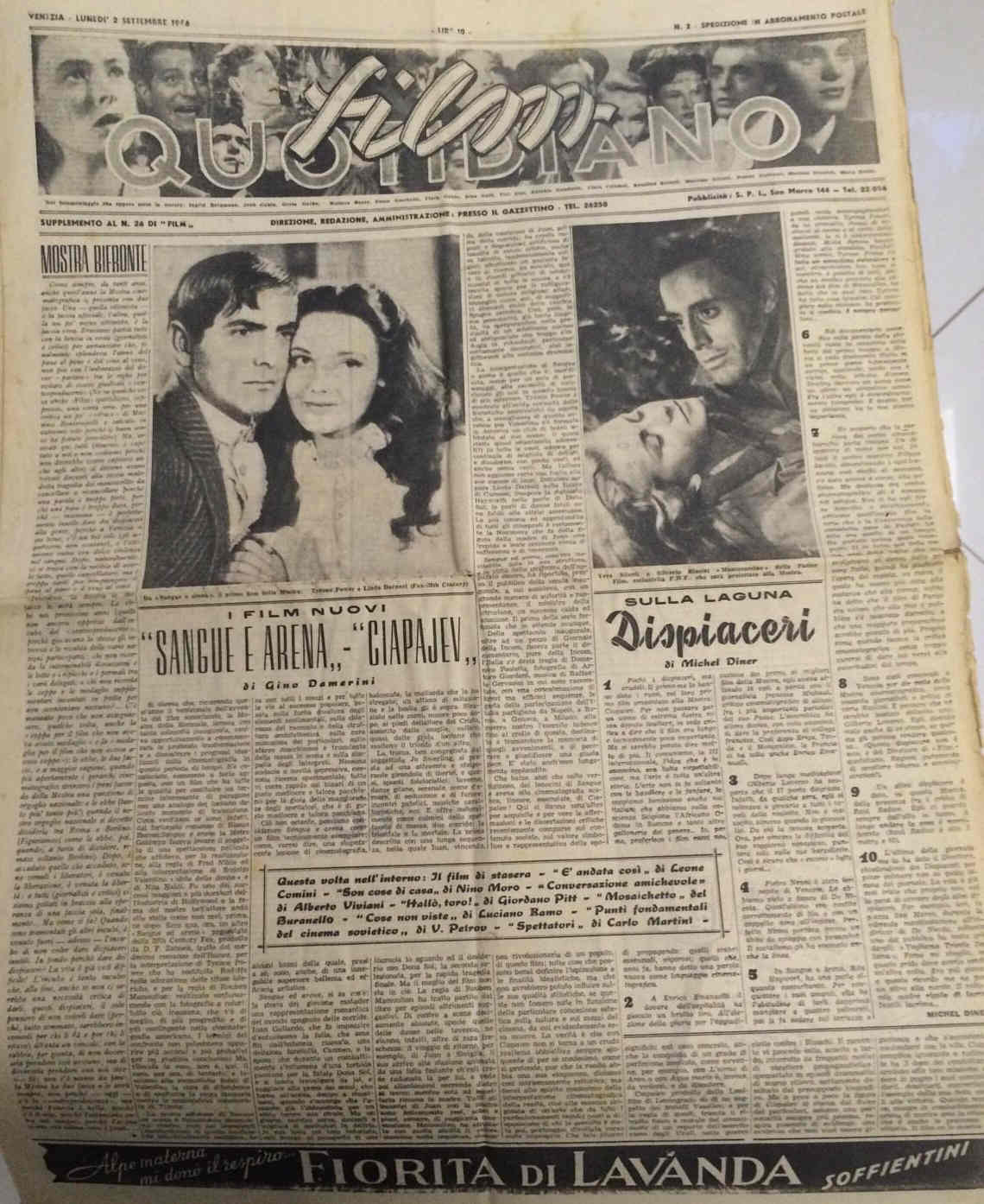 FILM QUOTIDIANO magazine side cover Issue 2 2 September 1946