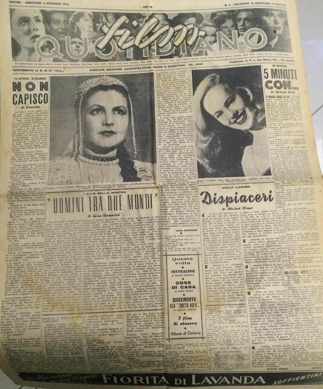 FILM QUOTIDIANO magazine side cover Issue 4 4 September 1946