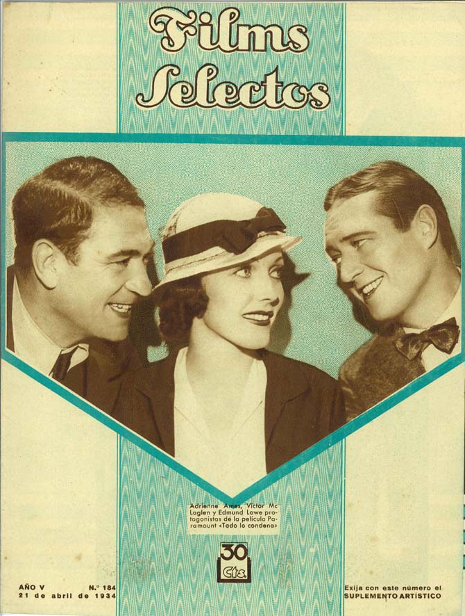 FILMS SELECTOS magazine side cover Issue 184 21 April 1934