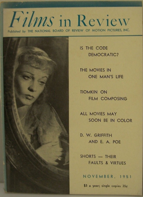 FILMS IN REVIEW magazine side cover Issue 18 November 1951