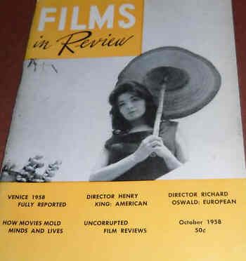 FILMS IN REVIEW magazine side cover Issue 87 October 1958