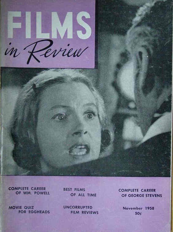 FILMS IN REVIEW magazine side cover Issue 88 November 1958