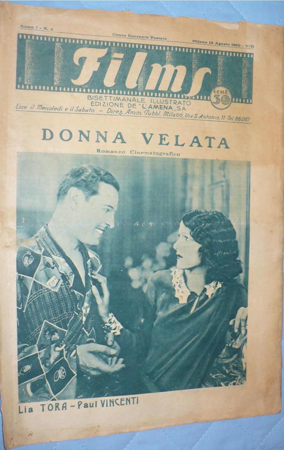 FILMS (ITALY) magazine side cover Issue 4 13 August 1930