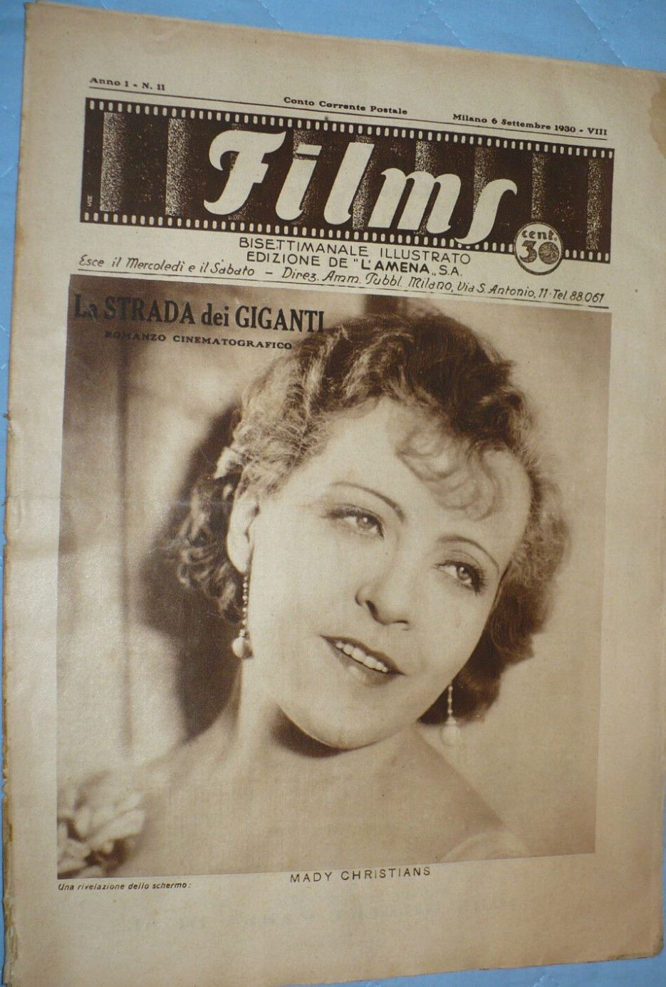 FILMS (ITALY) magazine side cover Issue 11 6 September 1930