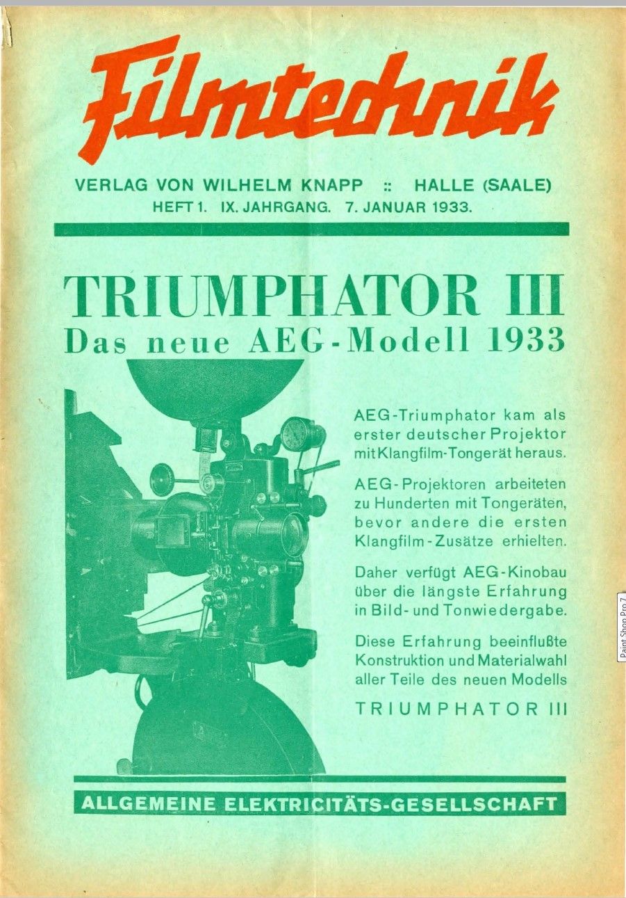 FILMTECHNIK | DIE magazine side cover  Vol 9 No 1 7 January 1933