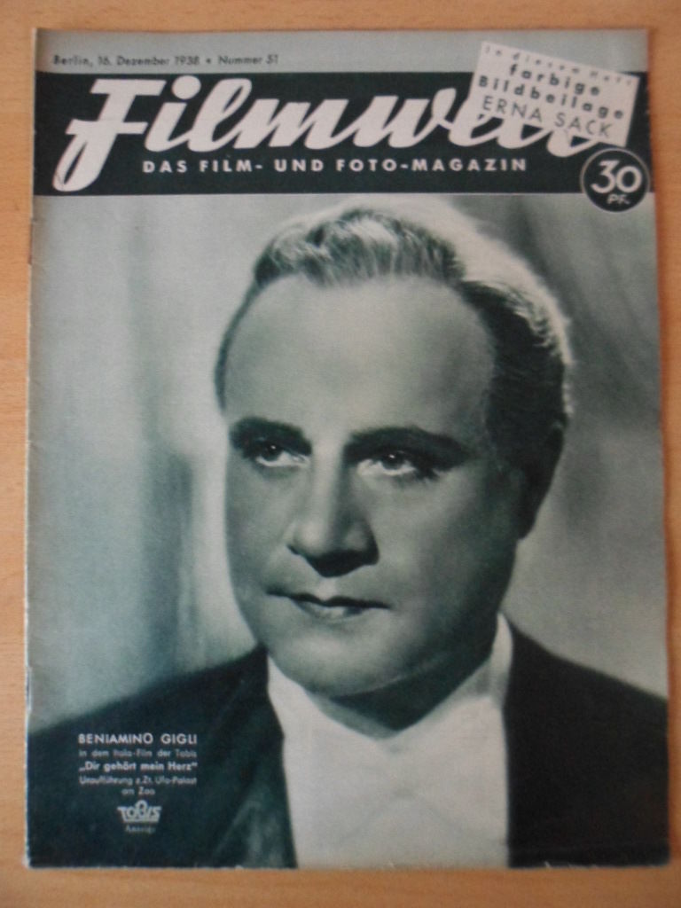 FILMWELT magazine side cover Issue 51 16 December 1938