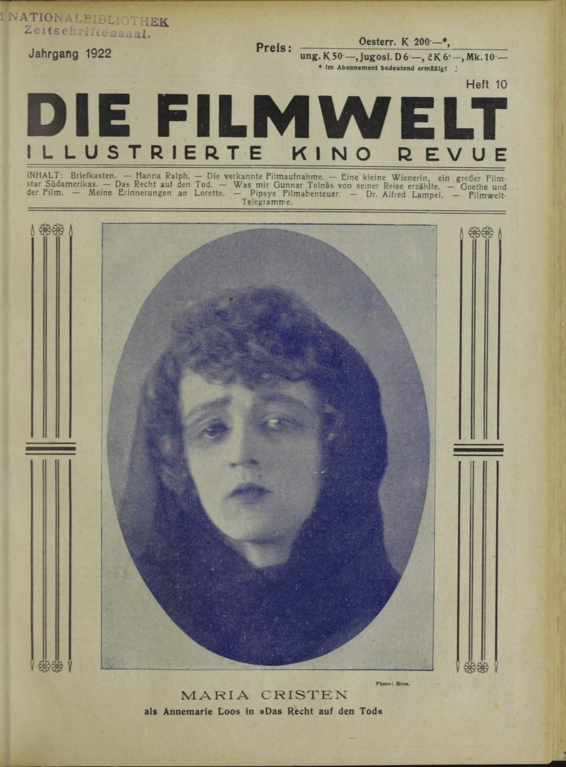 FILMWELT | DIE magazine side cover Issue 10   1922