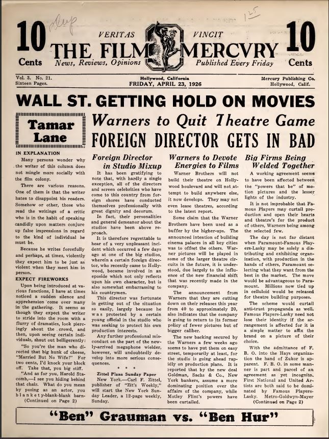 FILM MERCURY magazine side cover 23 April 1926