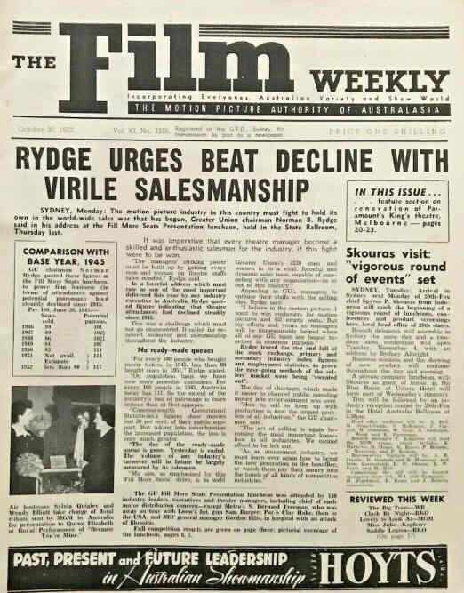 FILM WEEKLY (AUSTRALIA) magazine side cover Issue 1356 30 October 1952