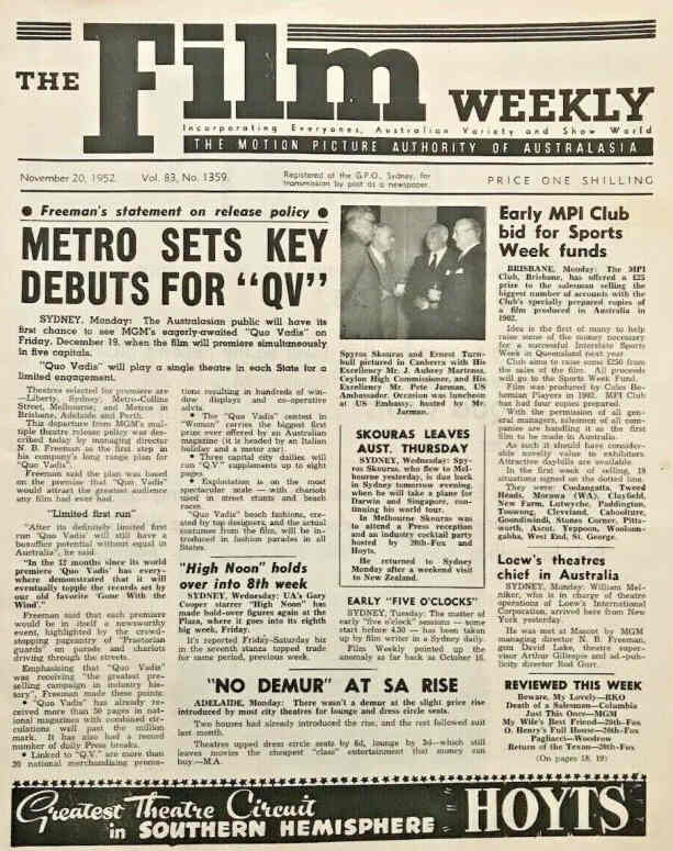 FILM WEEKLY (AUSTRALIA) magazine side cover Issue 1359 20 November 1952
