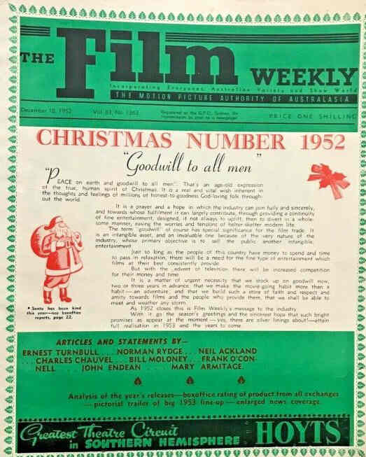 FILM WEEKLY (AUSTRALIA) magazine side cover Issue 1363 18 December 1952
