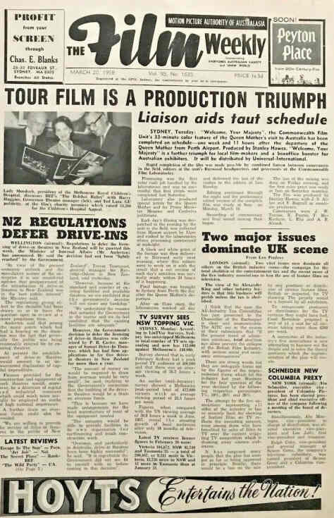 FILM WEEKLY (AUSTRALIA) magazine side cover Issue 1635 20 March 1958