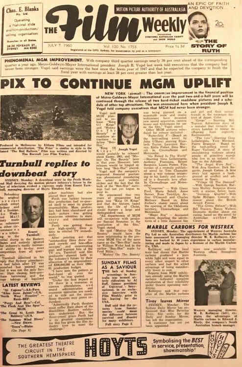 FILM WEEKLY (AUSTRALIA) magazine side cover Issue 1753 7 July 1960