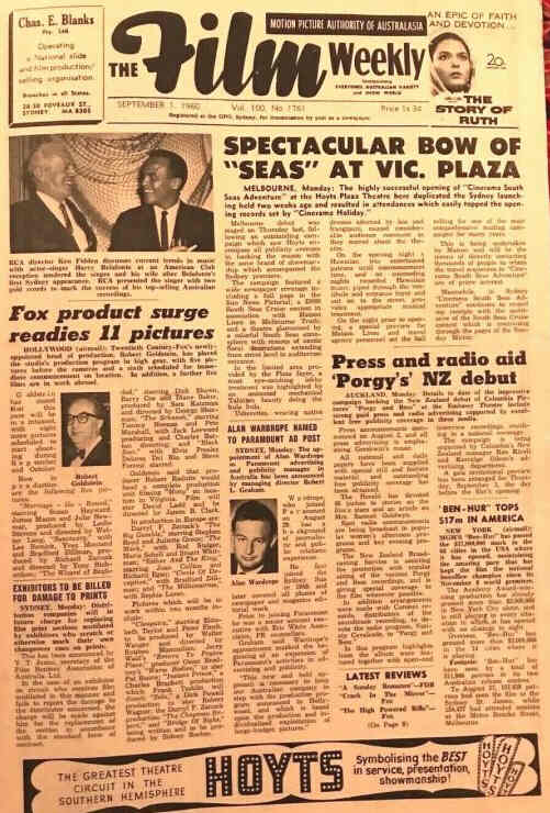FILM WEEKLY (AUSTRALIA) magazine side cover Issue 1761 1 September 1960