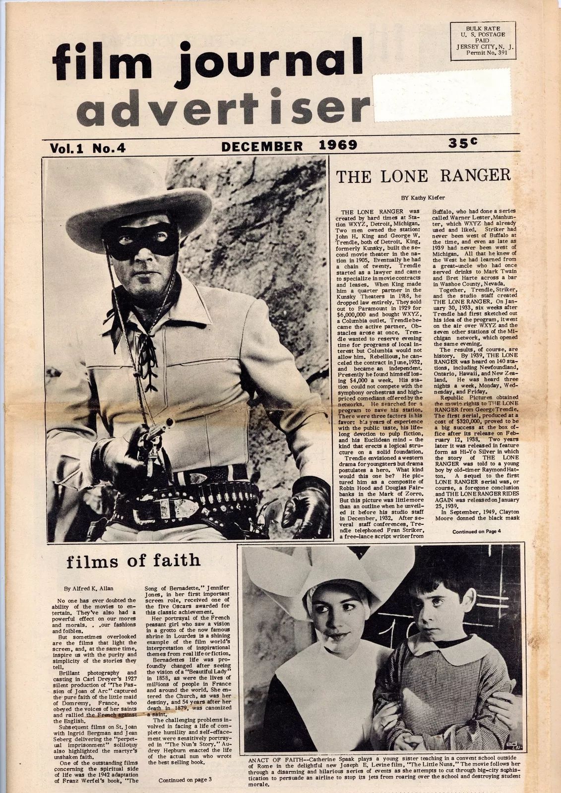 FILM JOURNAL ADVERTISER magazine side cover  Vol 1 No  4  December 1969