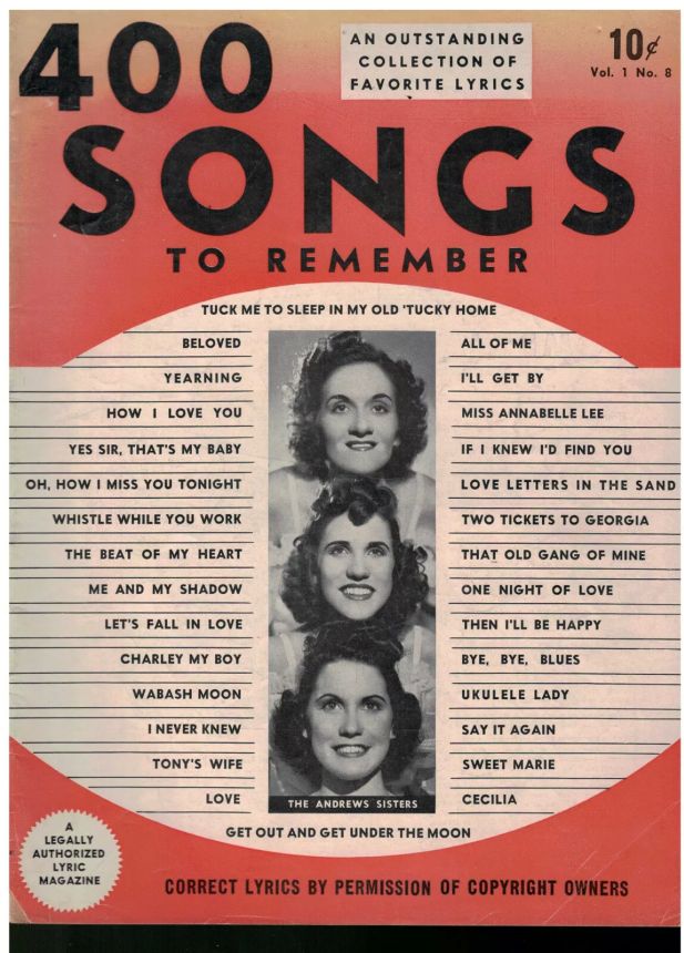 400 SONGS TO REMEMBER magazine side cover  Vol 1 No  8   1941
