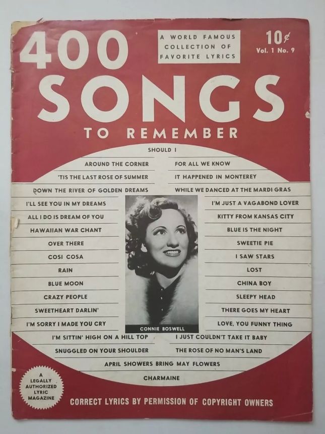 400 SONGS TO REMEMBER magazine side cover  Vol 1 No  9  September 1941