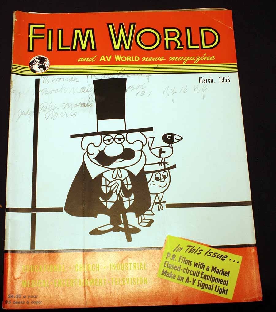 FILM WORLD AND AV WORLD NEWS magazine side cover March 1958