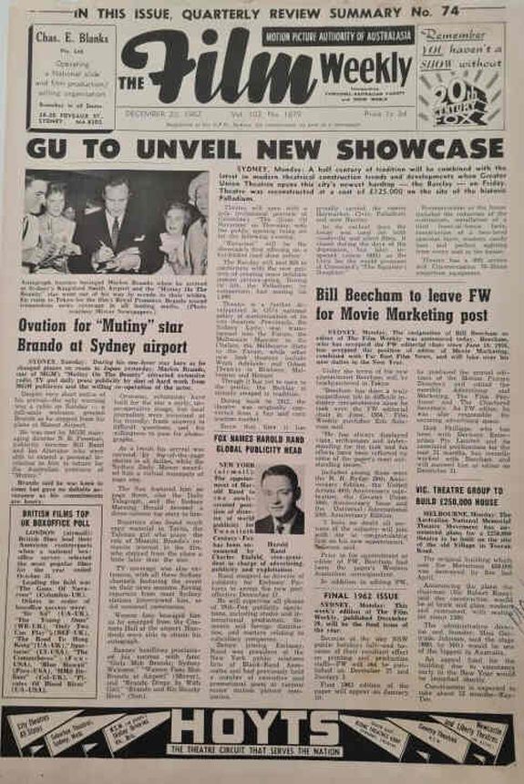 FILM WEEKLY (AUSTRALIA) magazine side cover Issue 1879 20 December 1962