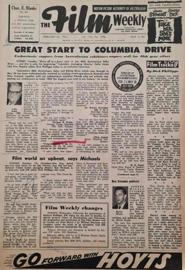 FILM WEEKLY (AUSTRALIA) magazine side cover Issue 1936 20 February 1964