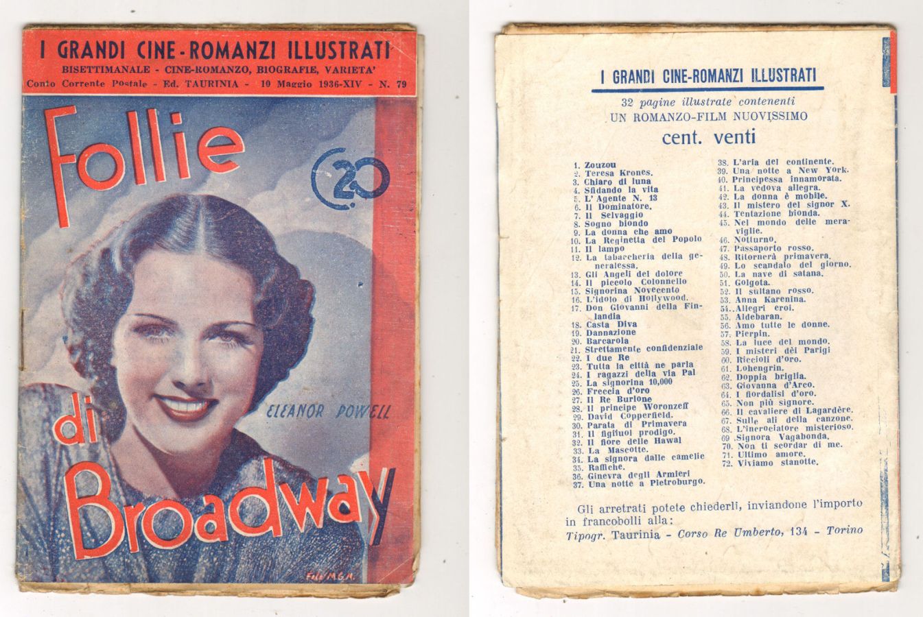 GRANDI CINE-ROMANZI ILLUSTRATI | I magazine side cover Issue 79 10 May 1936