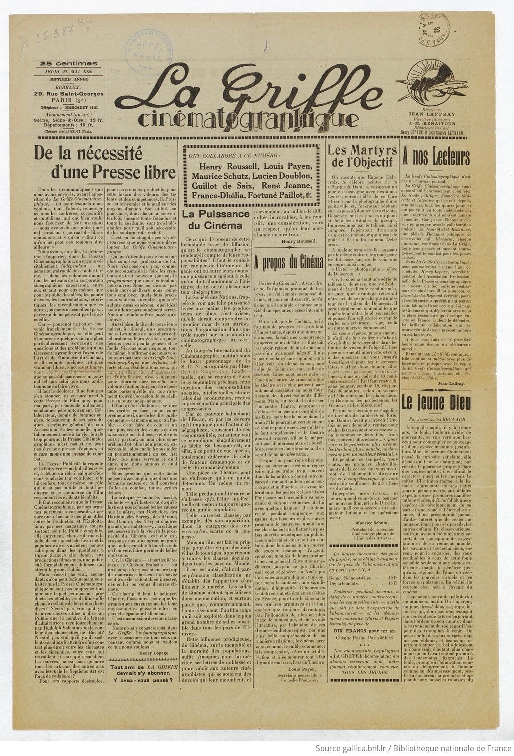 GRIFFE CINEMATOGRAPHIQUE|LA magazine side cover 27 May 1926