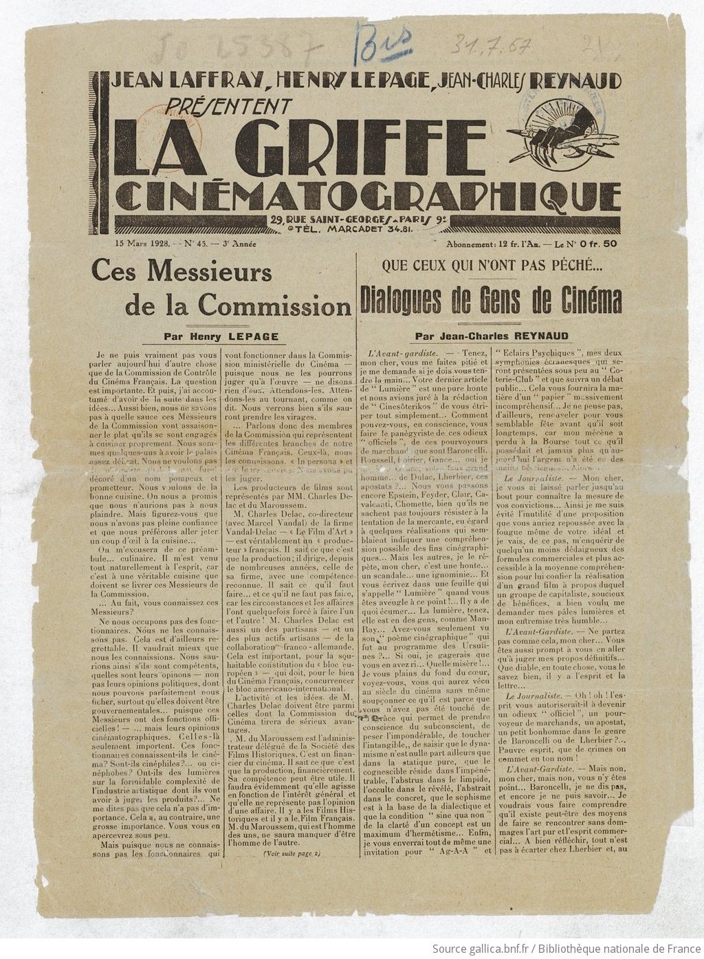 GRIFFE CINEMATOGRAPHIQUE|LA magazine side cover Issue 45 15 March 1928