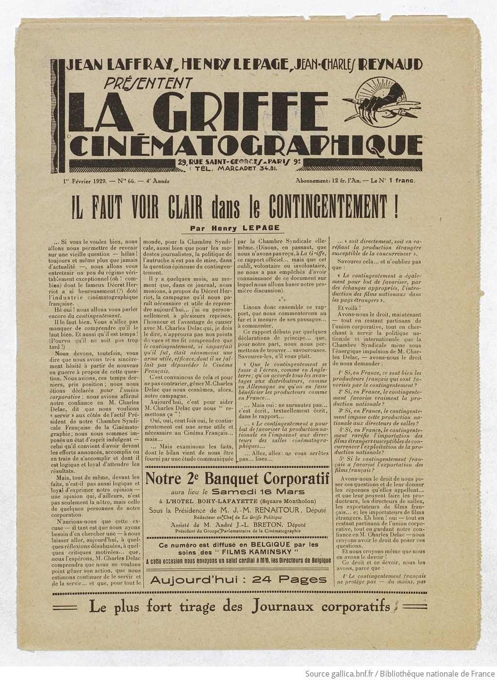 GRIFFE CINEMATOGRAPHIQUE|LA magazine side cover Issue 66 1 February 1929