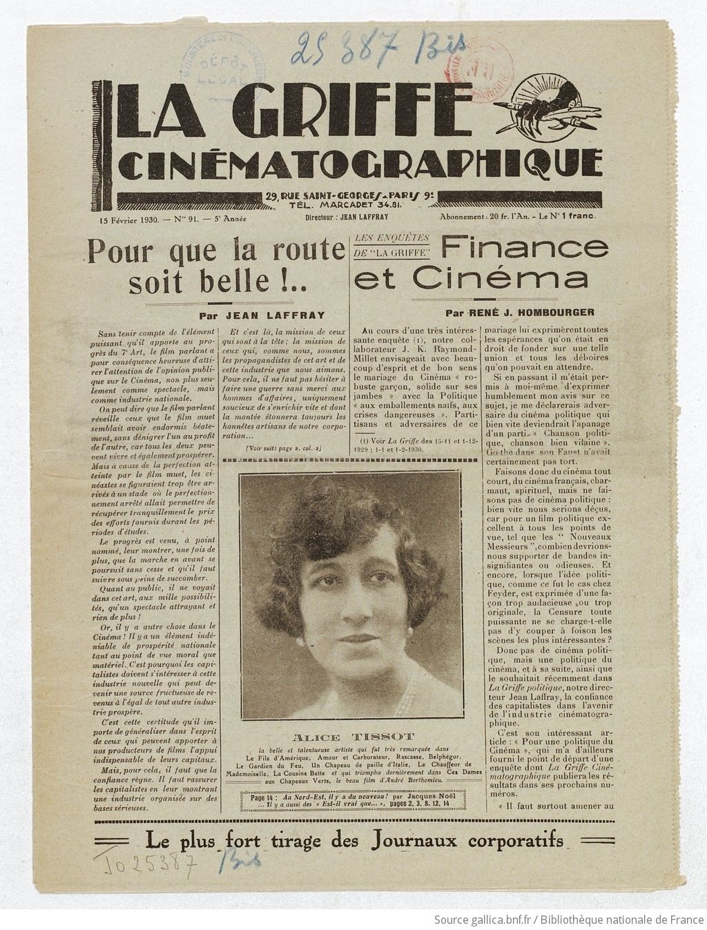 GRIFFE CINEMATOGRAPHIQUE|LA magazine side cover Issue 91 15 February 1930