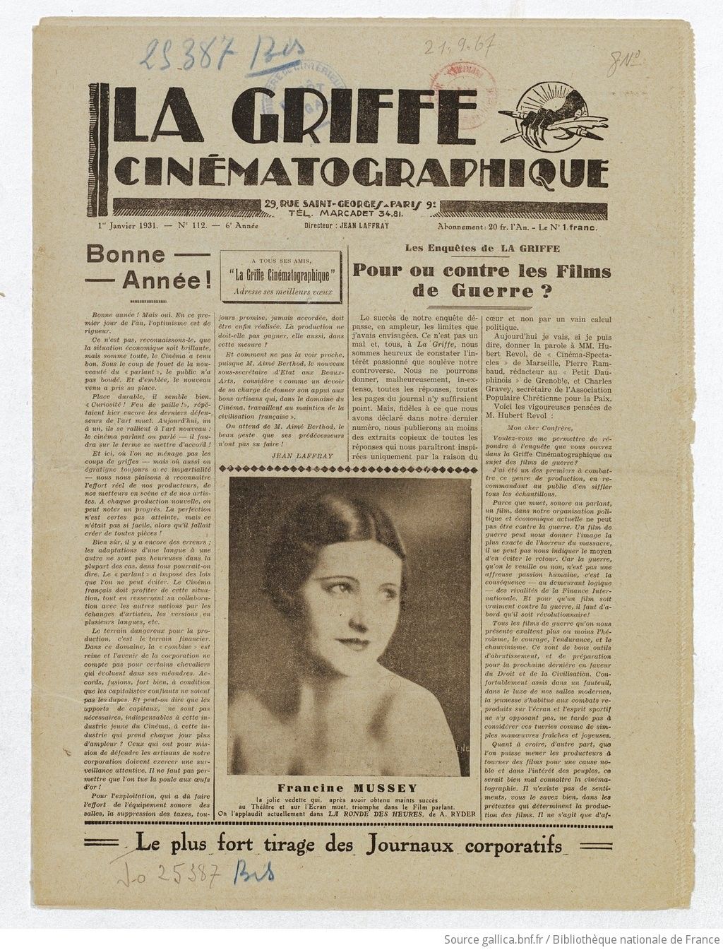 GRIFFE CINEMATOGRAPHIQUE|LA magazine side cover Issue 112 1 January 1931