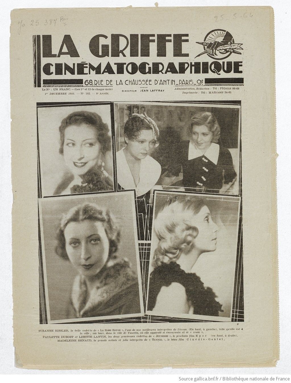 GRIFFE CINEMATOGRAPHIQUE|LA magazine side cover Issue 182 1 December 1933