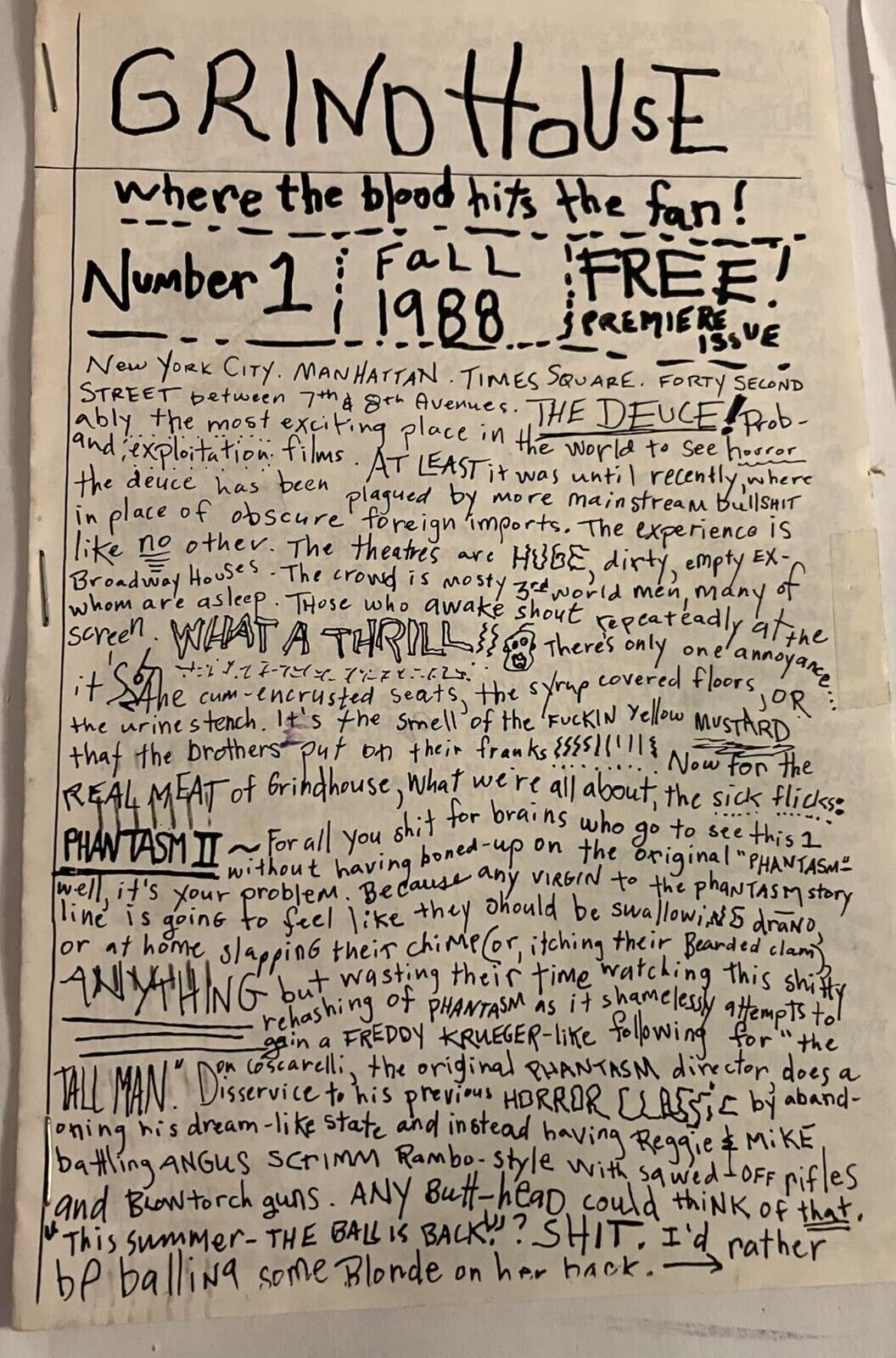 GRINDHOUSE (J.ADLER) magazine side cover Issue 1 Fall 1988