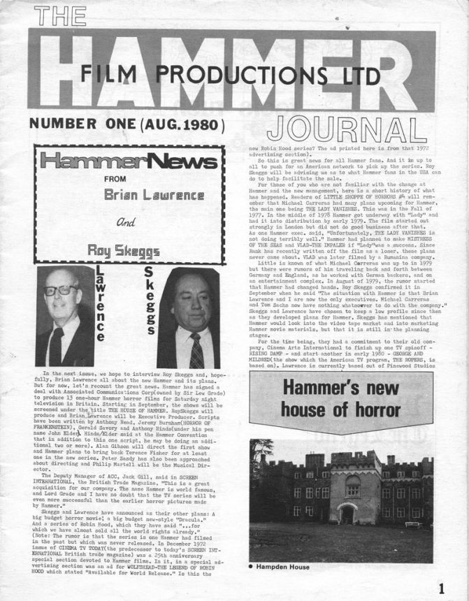 HAMMER NEWS magazine side cover Issue 1  August 1980