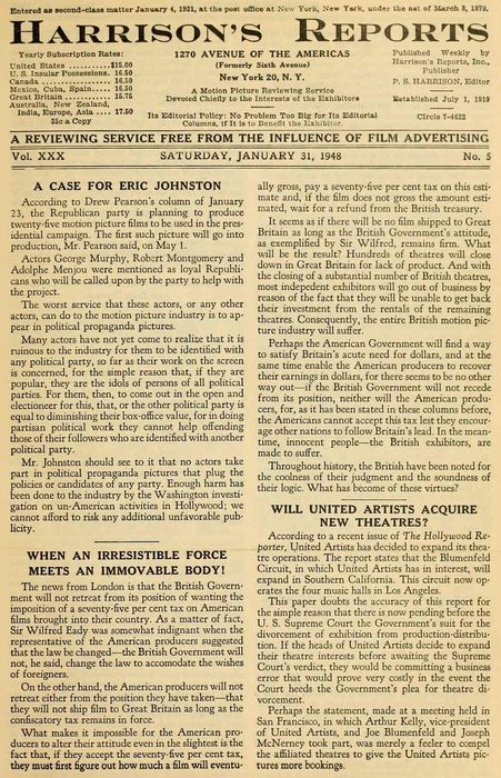 HARRISONS REPORTS magazine side cover 31 January 1948