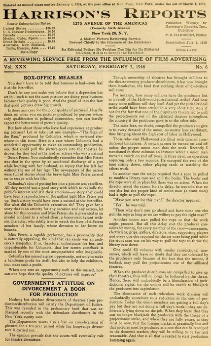 HARRISONS REPORTS magazine side cover 7 February 1948