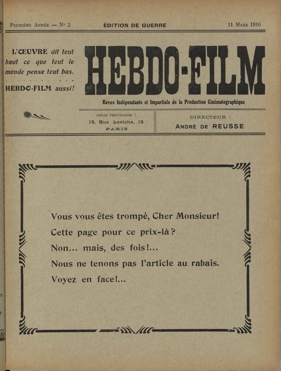 HEBDO-FILM magazine side cover Issue 2 11 March 1916