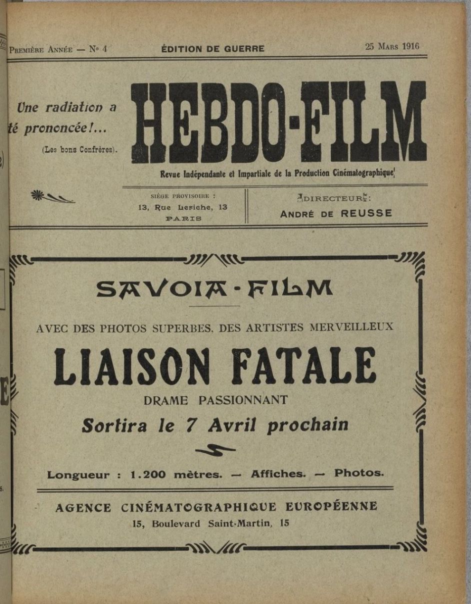 HEBDO-FILM magazine side cover Issue 4 25 March 1916