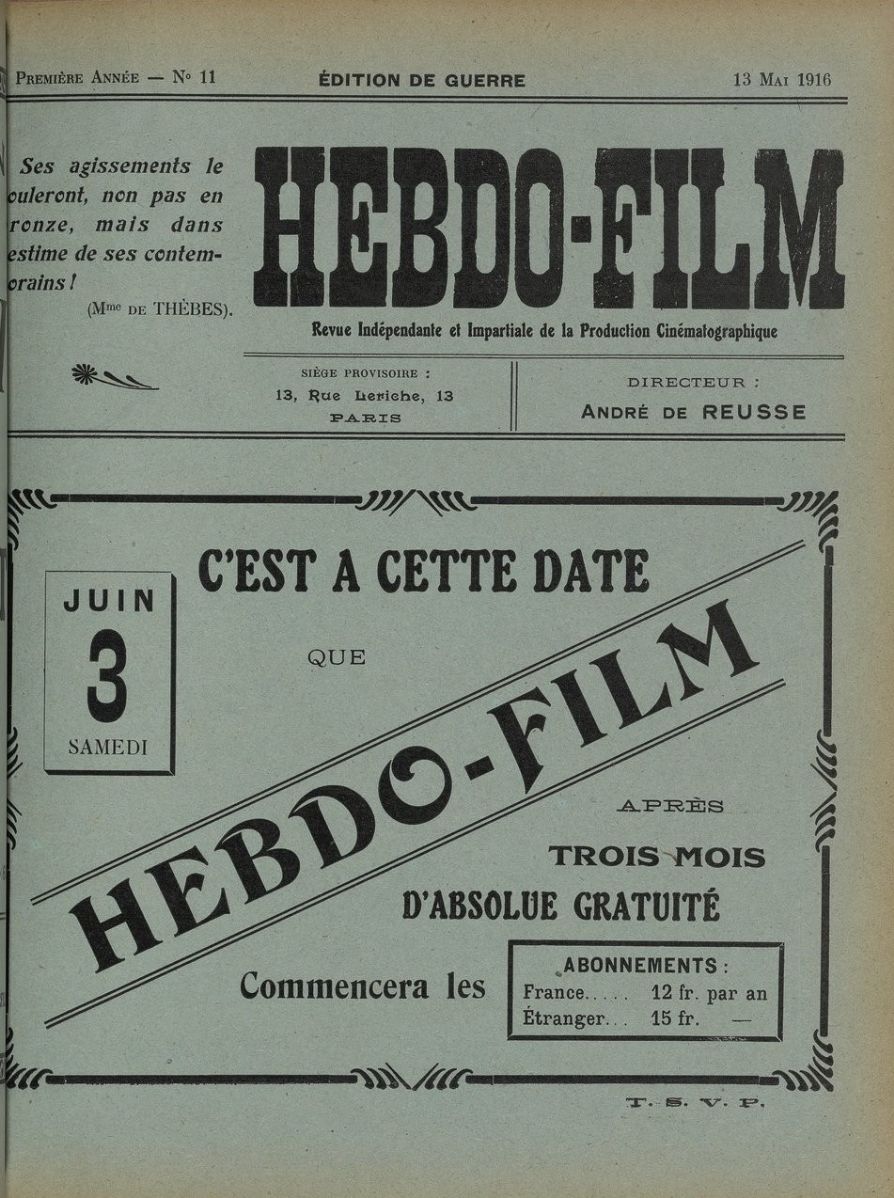 HEBDO-FILM magazine side cover Issue 11 13 May 1916