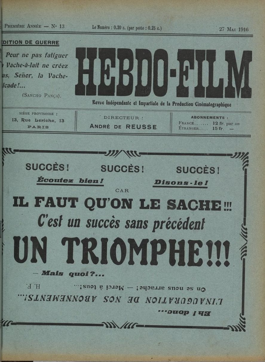 HEBDO-FILM magazine side cover Issue 13 27 May 1916