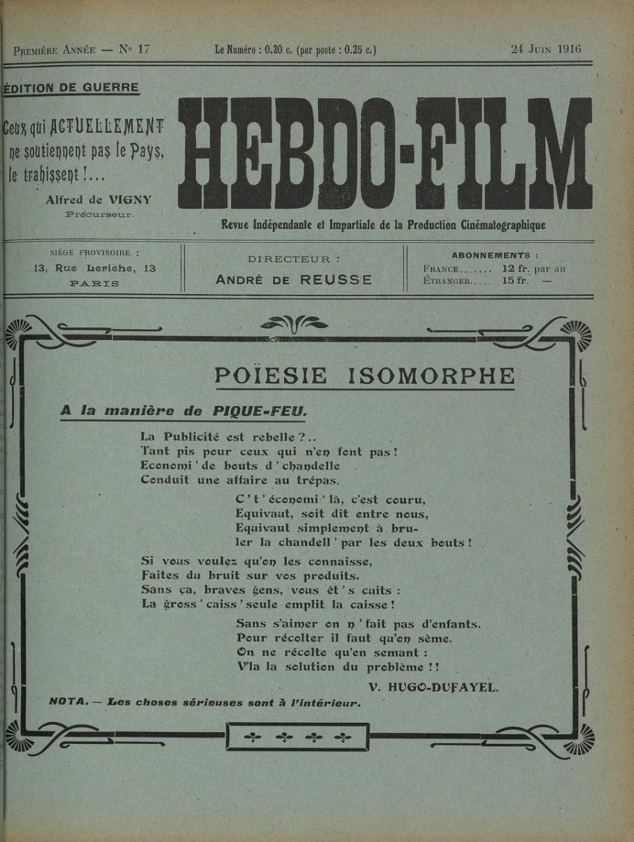 HEBDO-FILM magazine side cover Issue 17 24 June 1916